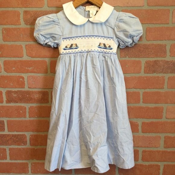 Vintage Rosalina Collections Girls Dress Blue Size 4T Button Tie Back Knit Dog